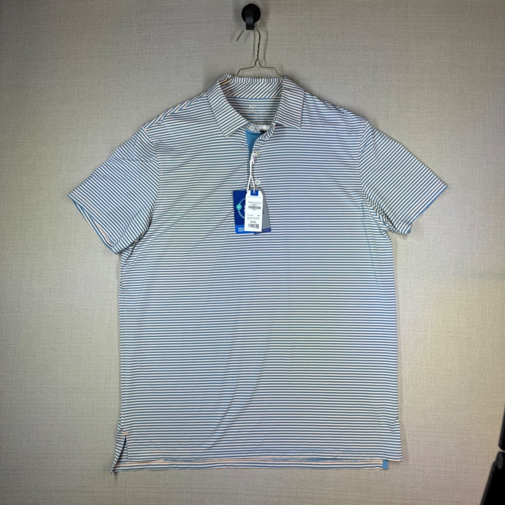 Southern Tide Brrr-eeze Striped Performance Polo Shirt Peach Beach Blue XXL NWT